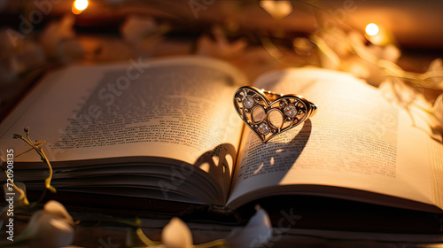 Warmly lit scene of an open book with pages forming a heart shadow, surrounded by soft petals and lights.