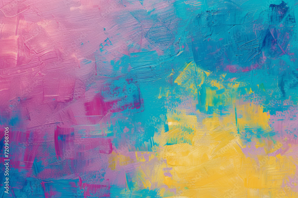 Colorful abstract painting with textured strokes of pink, blue, and yellow.