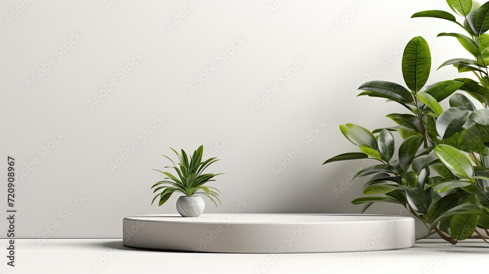 podium design for product display or product stand with leaf ornaments and minimalist background