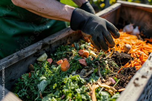 Person wearing gloves throwing food and yard scraps into a residential compost bin. Decomposing organic matter rich in nutrients and beneficial organisms.