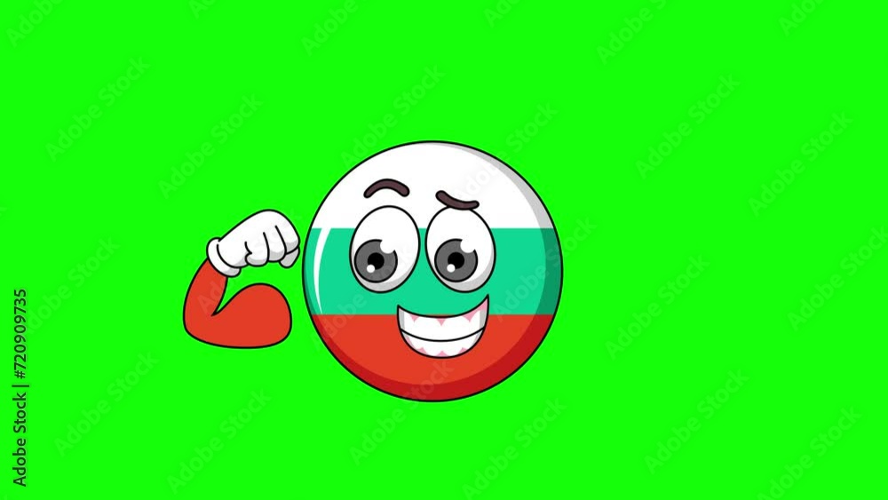 Flexing muscle of flag of bulgaria cartoon, strong pose mascot animation on a green screen Flexing muscle of flag of bulgaria cartoon, strong pose mascot animation on a green screen