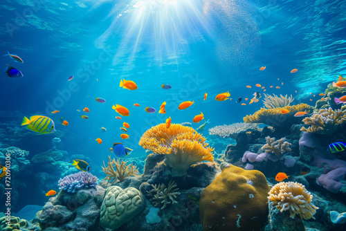 Colorful fish swimming in underwater coral reef landscape. Deep blue ocean with colorful fish and marine life.