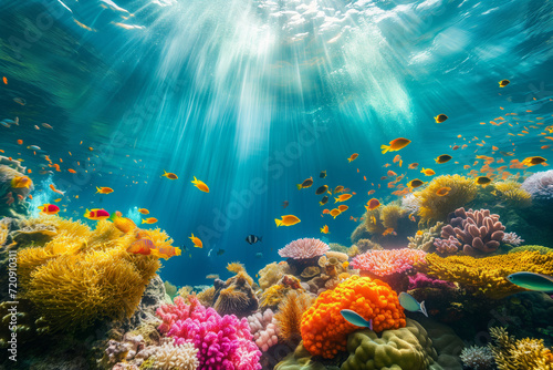 Colorful fish swimming in underwater coral reef landscape. Deep blue ocean with colorful fish and marine life. © MNStudio