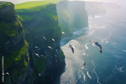 Seagulls flying above rough sea cliffs in scenic Irish landscape. Wild birds of west coast of Ireland  dramatic sunset.