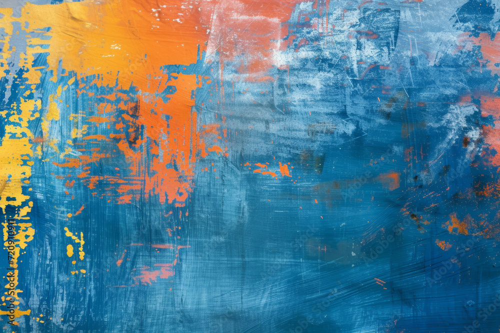 An expressive abstract painting with bold splashes of orange and yellow against a deep blue background.