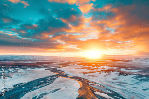 Breathtaking nature of Iceland, aerial landscape panorama, mountains and coast at sunset.