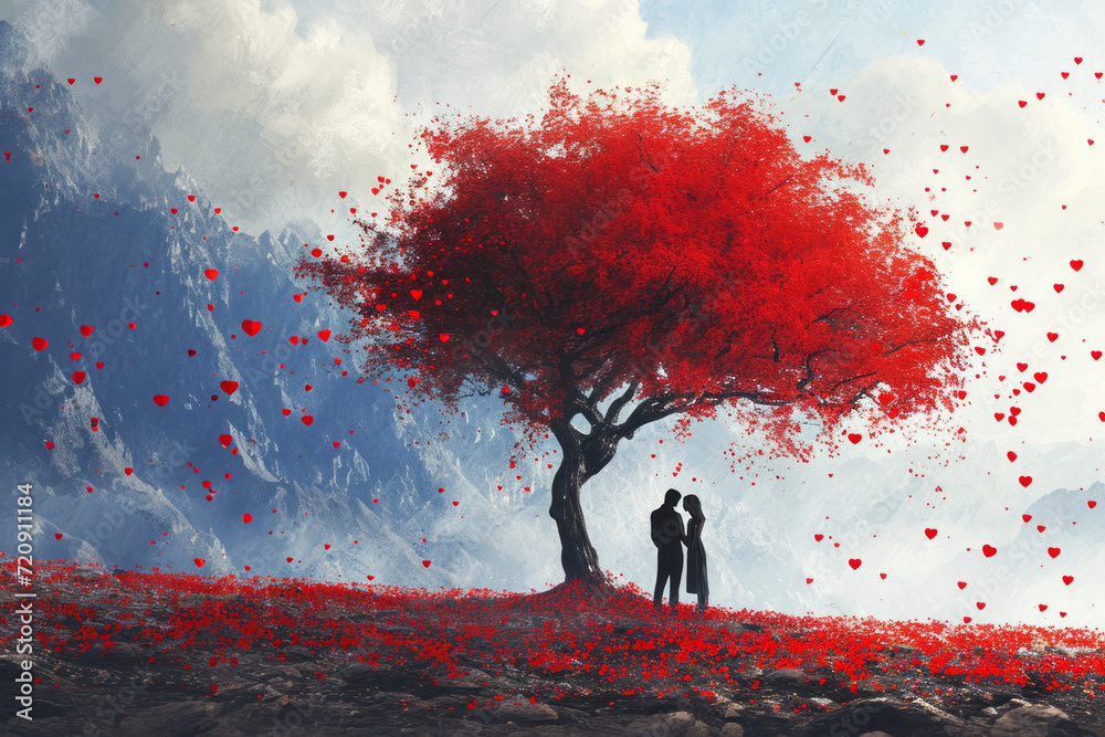 Silhouette of young couple in love under giant tree with red heart ...