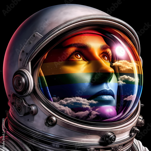 Astronaut Woman looking at space with LGBTQ flag reflection on the glass