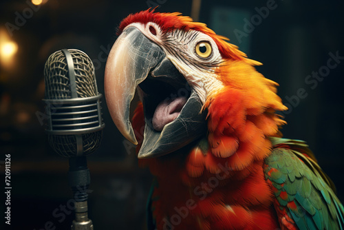 Exotic parrot singing into a microphone photo