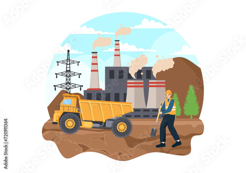 Mining Company Vector Illustration with Heavy Yellow Dumper Trucks for Sand Mine Industrial Process or Transportation in Flat Cartoon Background