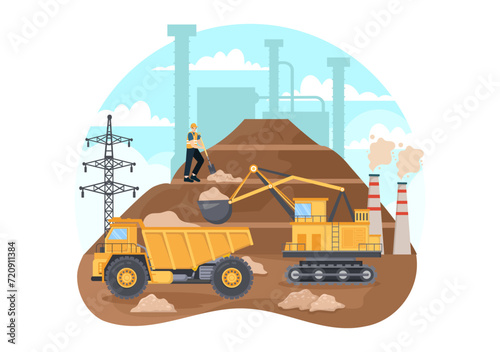 Mining Company Vector Illustration with Heavy Yellow Dumper Trucks for Sand Mine Industrial Process or Transportation in Flat Cartoon Background