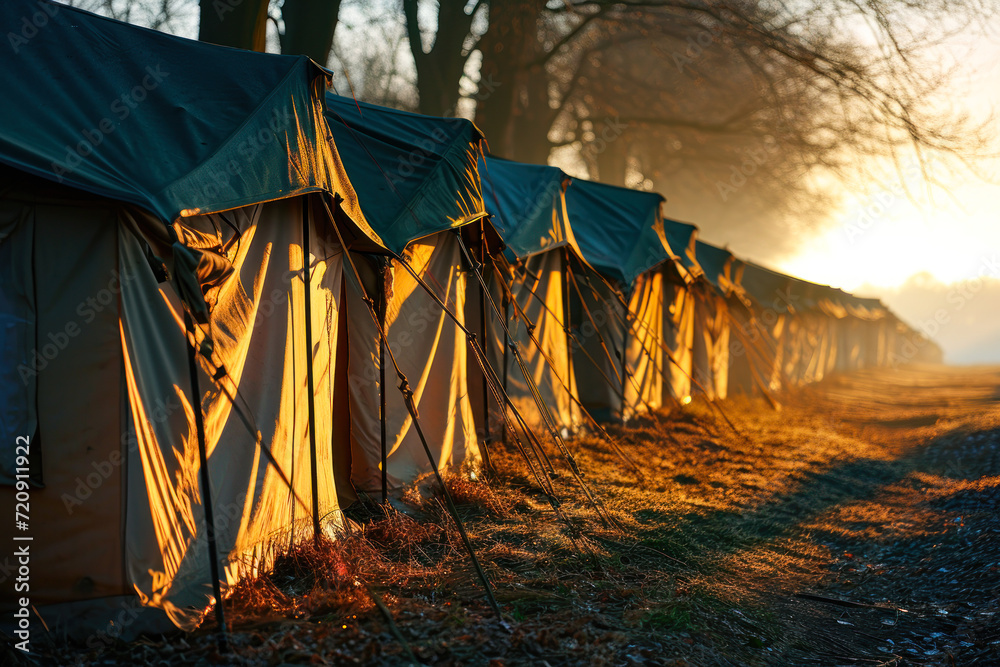tent city in nature at dawn.