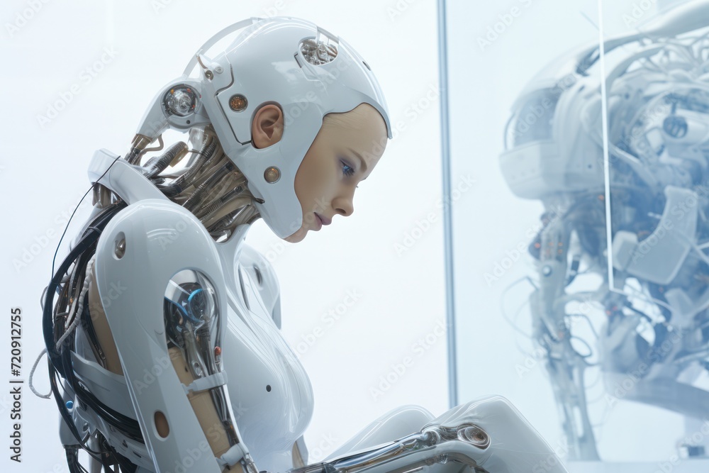 Female AI face Reflection of AI robots with a sense of technology and futurism