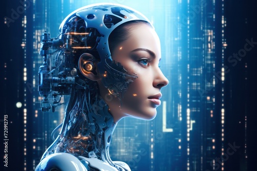 Female AI face Reflection of AI robots with a sense of technology and futurism