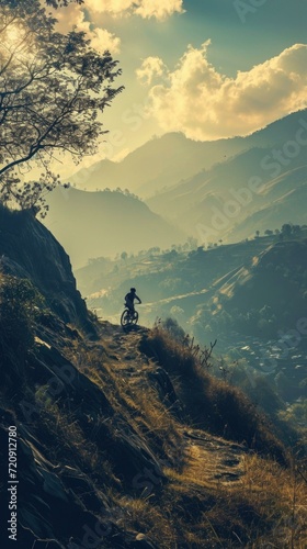 A daring mountain biker conquers a treacherous, surreal landscape. Generative AI.