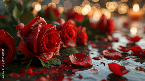 Red roses with dew drops rest on a surface, surrounded by petals. The softly lit background creates a romantic ambiance
