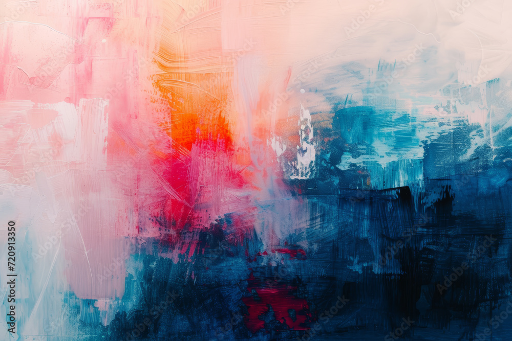 colorful abstract artwork with white, pink, red, and blue shades smeared and blended across the surface creating a dynamic and fluid appearance.