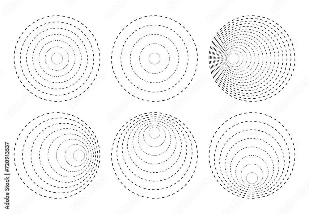 Circles dotted lines, Converging circular rings of dashed line circles. - obrazy, fototapety, plakaty 