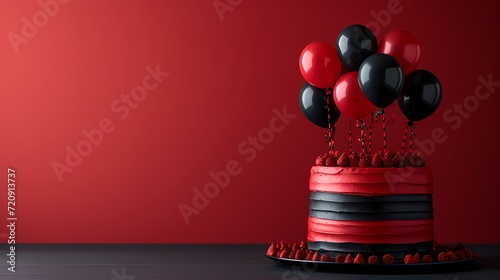 birthday cake with balloon banner, party celebration or  festival poster with copy space, red and black theme