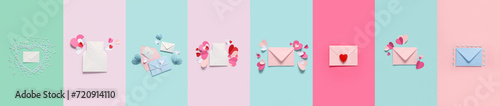 Collage of beautiful envelopes with paper hearts on color background