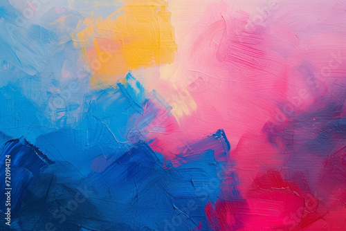A vibrant abstract painting with bold strokes of blue, pink, and yellow, creating a dynamic and colorful composition on canvas.
