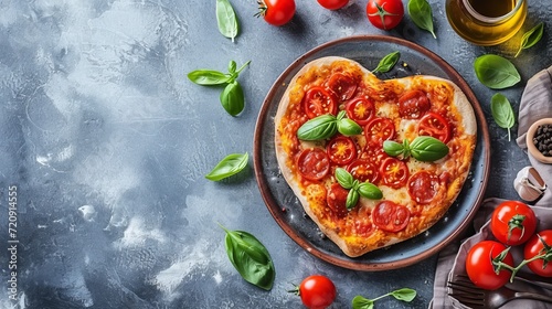 Heart shaped pizza on light table for romantic dinner, top view with copy space for text placement