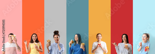 Set of many people eating french fries on color background photo