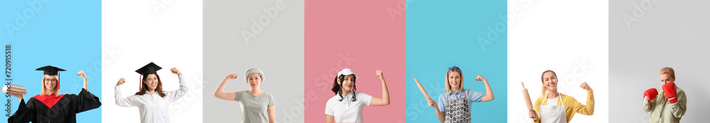 Set of different women showing muscles on color background. Concept of feminism Set of different women showing muscles on color background. Concept of feminism