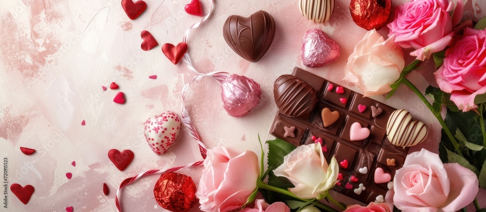 Valentines Day background , hearts and chocolates, and love-themed decorations, empty copy space for present Valentines Day background , hearts and chocolates, and love-themed decorations, empty copy space for present