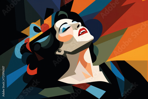 Vintage Glamour  A Young Woman s Retro Portrait with Bold Red Lips and Stylish Hair  Set against a Creative Black and White Abstract Background