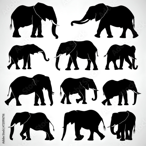 set of African elephants silhouettes on white background