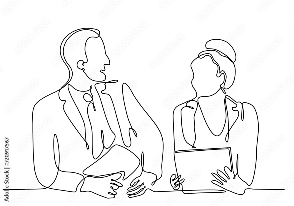 continuous line man and woman talking to each other vector illustration continuous line man and woman talking to each other vector illustration