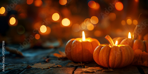 Pumpkin Magic: halloween candle pumpkin on bokeh background