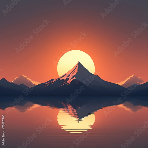 An isolated mountain with a minimalist sun on the horizon
