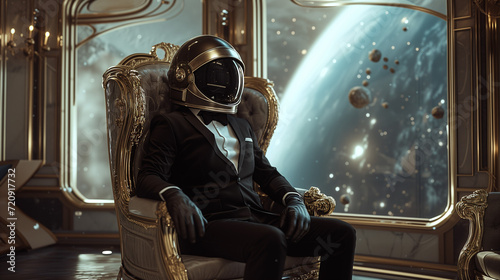 Space helmet and tuxedo: cosmic elegance