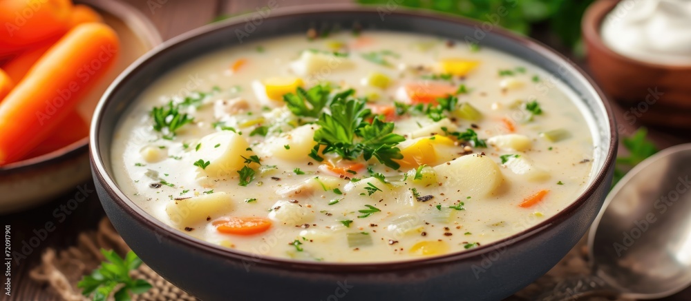 Potato soup with mixed vegetables, sour cream, and parsley.