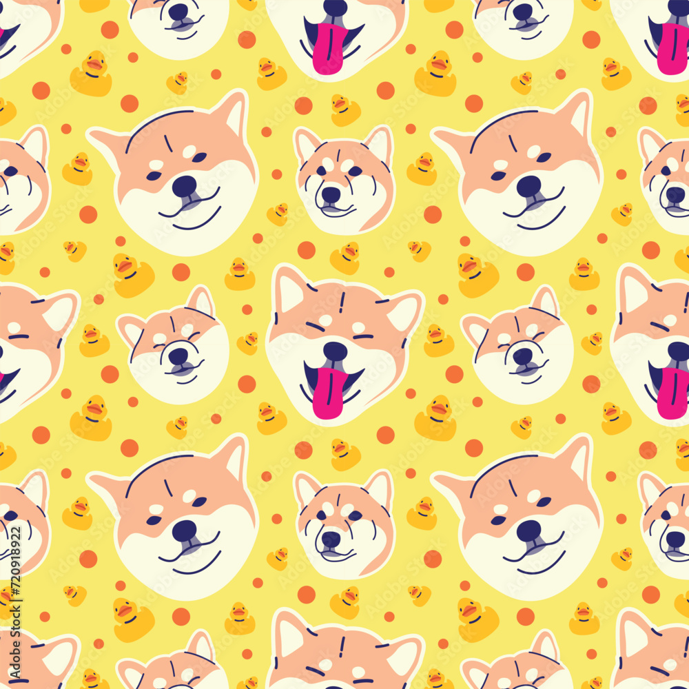 SHIBA INU HEAD WITH RUBBER YELLOW RUBBER DUCK SEAMLESS PATTERN SHIBA INU HEAD WITH RUBBER YELLOW RUBBER DUCK SEAMLESS PATTERN