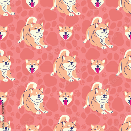SHIBA INU WITH DOG PAWS SEAMLESS PATTERN