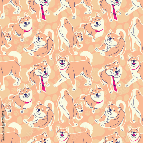 SHIBA INU IN VARIOUS MOVES SEAMLESS PATTERN