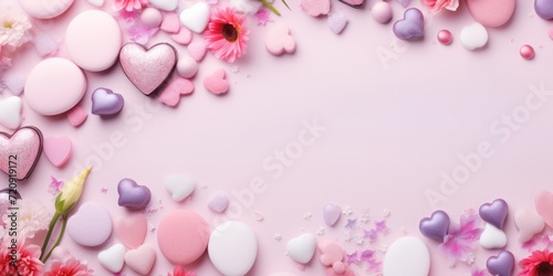 Valentine's Day pink background , including chocolates, flowers, and love-themed decorations, empty copy space for present