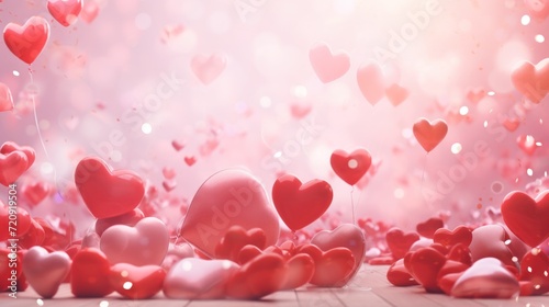 Valentine's Day background concept, red hearts, hearts and twinkling lights, empty copy space for present