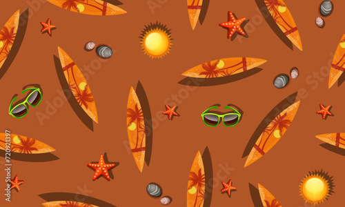 Seamless pattern with surf boards on brown background.