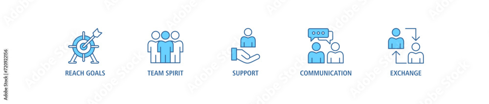 Working together banner web icon set vector illustration concept for team management with an icon of collaboration, reach goals, team spirit, support, communication, and exchange Working together banner web icon set vector illustration concept for team management with an icon of collaboration, reach goals, team spirit, support, communication, and exchange