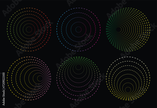 Colorful circles dotted lines, converging circular rings of dashed line circles.