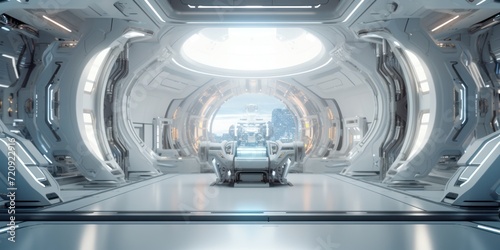 Fototapeta Naklejka Na Ścianę i Meble -  Spaceship inside futuristic technology style, High tech booth, metallic texture.