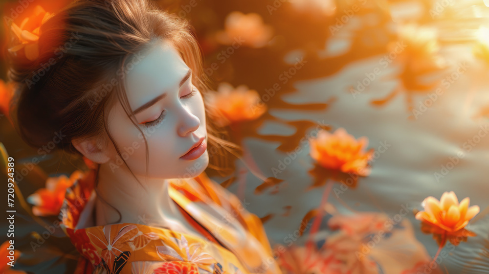 Fototapeta premium A woman in a kimino resting next to a pond with floating lillies. She has a pale, flawless complexion and her eyes are closed. in relaxation.
