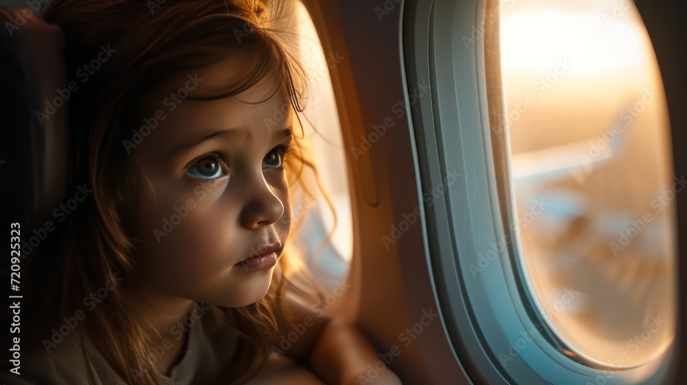 Girl looking out window of commercial airplane