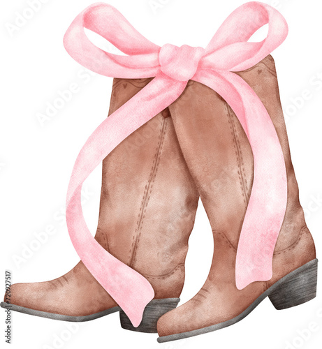 Coquette Cowgirl Boots and pink ribbon bow watercolor