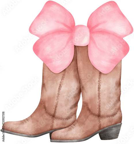 Coquette Cowgirl Boots and pink ribbon bow watercolor
