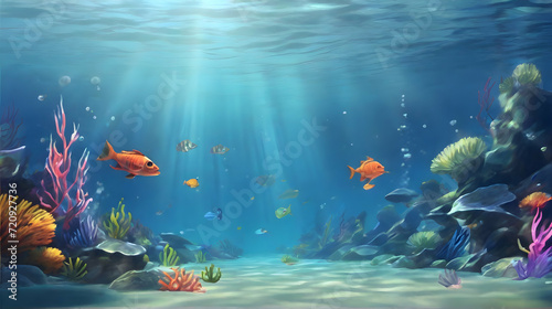 Underwater natural scenery with fish and coral reefs. Underwater background. Cartoon or anime illustration style.